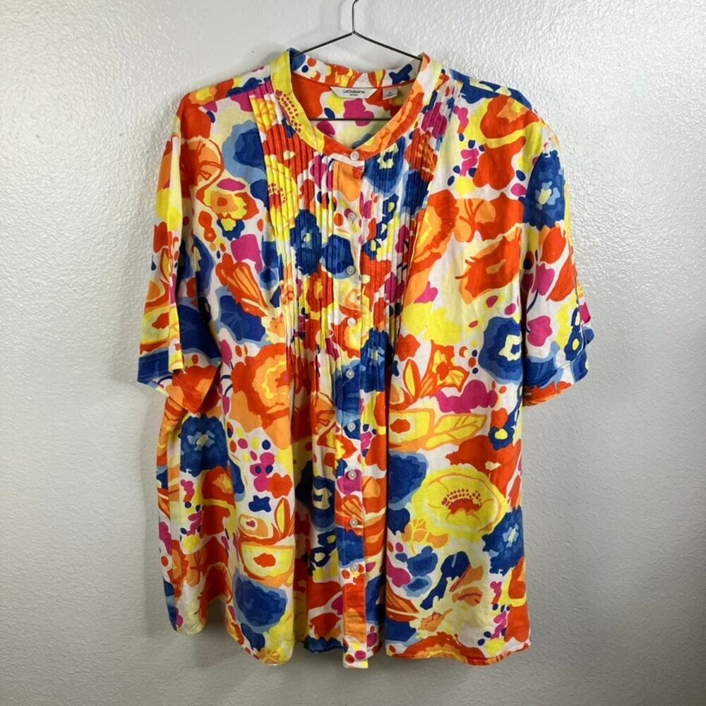 Liz Claiborne 100% Linen Button Blouse Size 3X Floral Bold Pleated Bright Summer